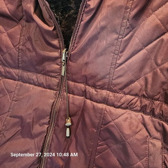 Giacca Reversible Faux Fur Black Purple Vest Size Medium Full Zip Toggle Cinch - Picture 3 of 12